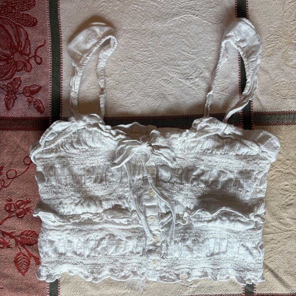American Eagle White Smocked Ruffle Milkmaid Crop Tank XS